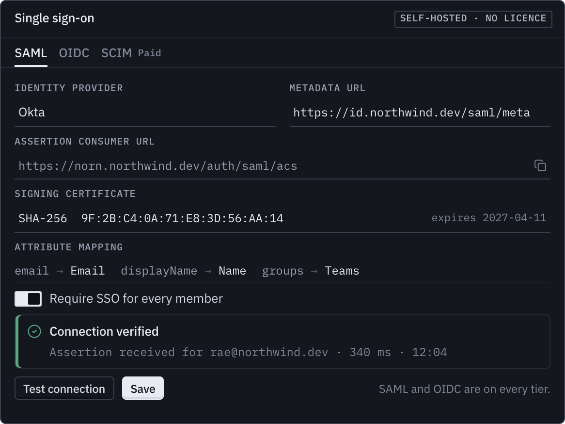 SSO setup on a self-hosted instance, test result visible